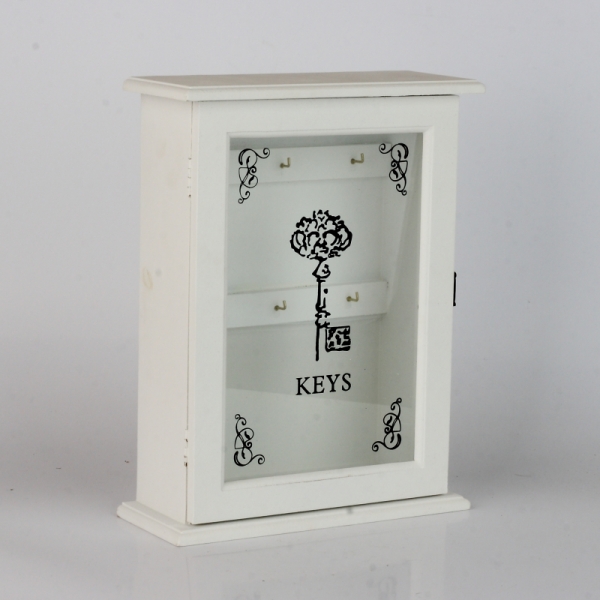 Dřevěná nástěnná skříňka na klíče bílá 30x21x9cm