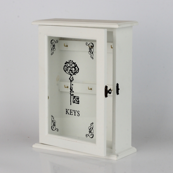 Dřevěná nástěnná skříňka na klíče bílá 30x21x9cm