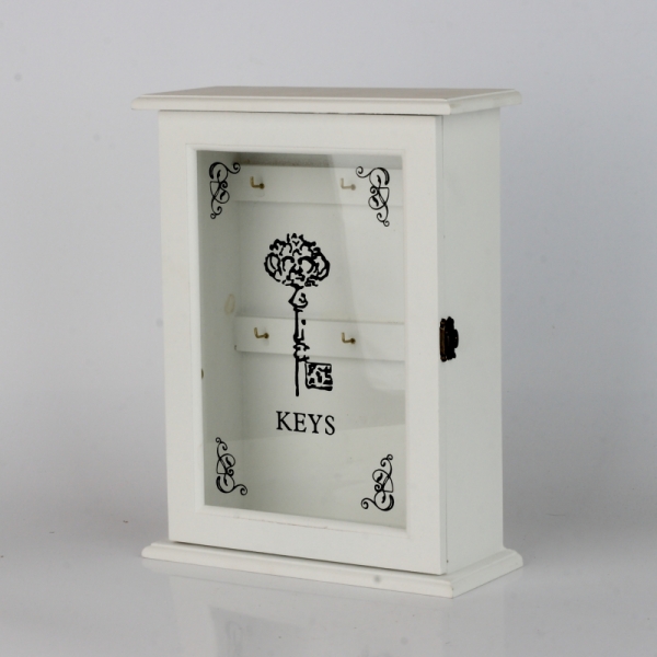 Dřevěná nástěnná skříňka na klíče bílá 30x21x9cm