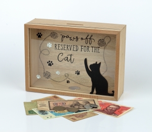 Dřevěná pokladnička na peníze s kočkou – se sklem 22 × 16 cm