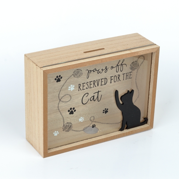 Dřevěná pokladnička na peníze s kočkou – se sklem 22 × 16 cm