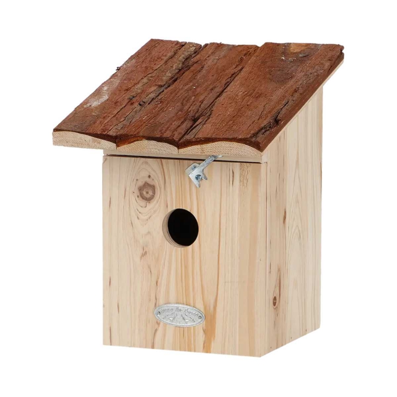 Dřevěná ptačí budka pro sýkoru koňadru s kůrovou střechou 24 cm