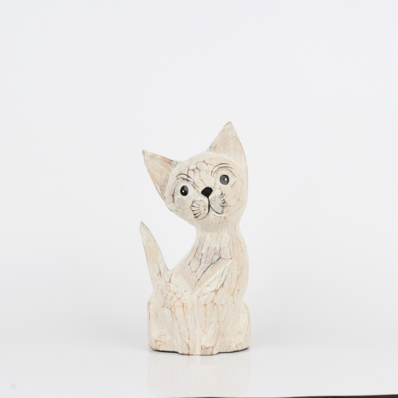 Dřevěná soška kočka bílá 25cm
