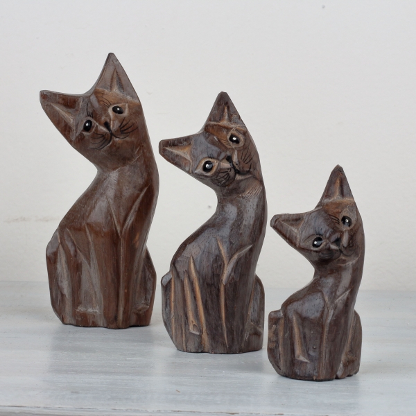 Dřevěná soška kočka hnědá 15/13/10cm (sada 3ks) 