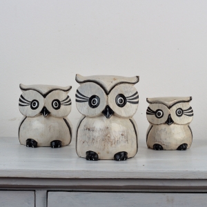 Dřevěná soška sova bílá 15/12/10cm (set 3ks)