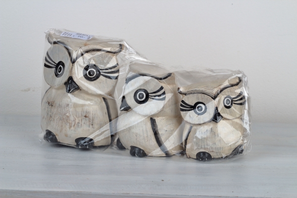 Dřevěná soška sova bílá 15/12/10cm (set 3ks)