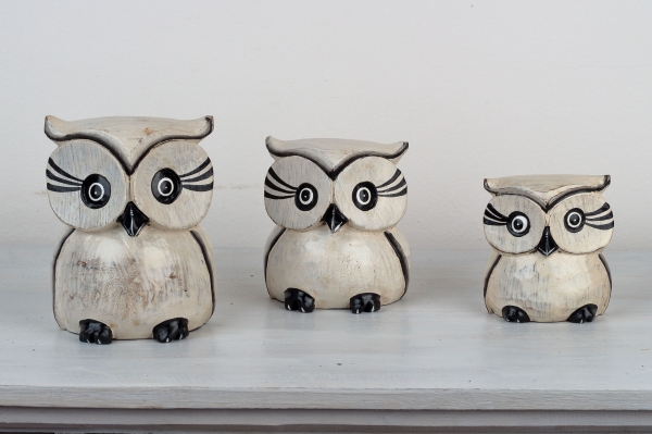 Dřevěná soška sova bílá 15/12/10cm (set 3ks)