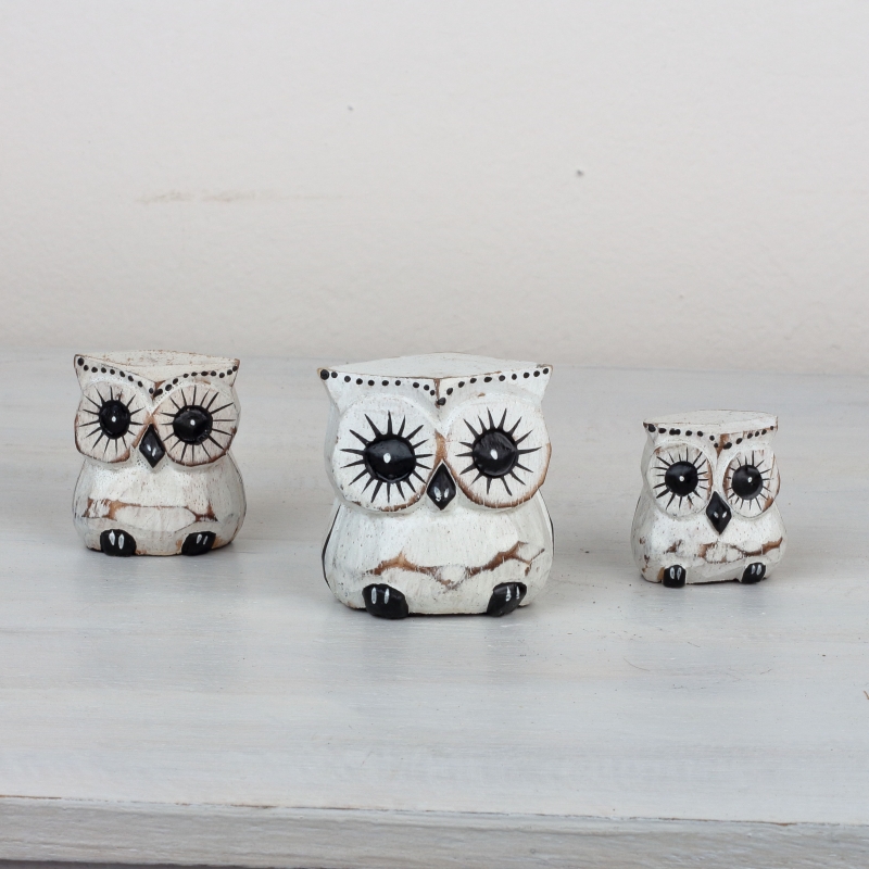 Dřevěná soška sova bílá 6/4/3cm (set 3ks)
