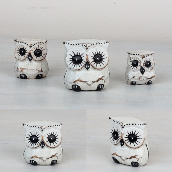 Dřevěná soška sova bílá 6/4/3cm (set 3ks)