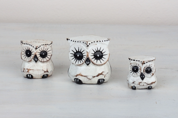 Dřevěná soška sova bílá 6/4/3cm (set 3ks)