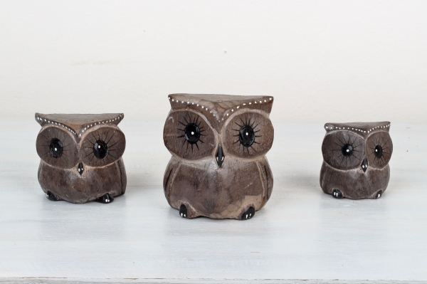 Dřevěná soška sova hnědá 8/7/6cm (set 3ks)