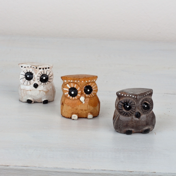 Dřevěná soška sova mix 4cm (set 3ks)