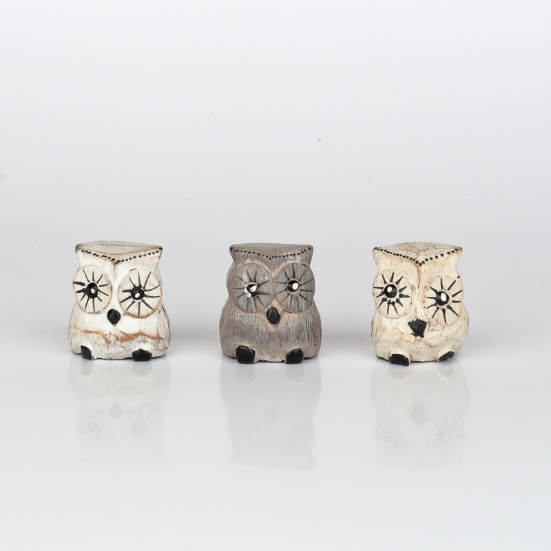 Dřevěná soška sova (sada 3ks) 4cm