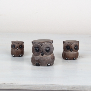 Dřevěná soška sova šedá 6/4/3cm (set 3ks)