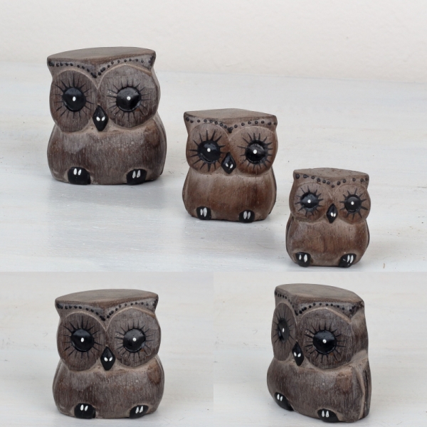 Dřevěná soška sova šedá 6/4/3cm (set 3ks)