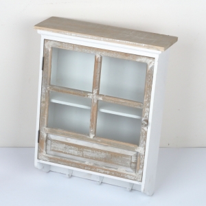 Dřevěná závěsná skříňka se sklem a 3 háčky 41x57x15cm