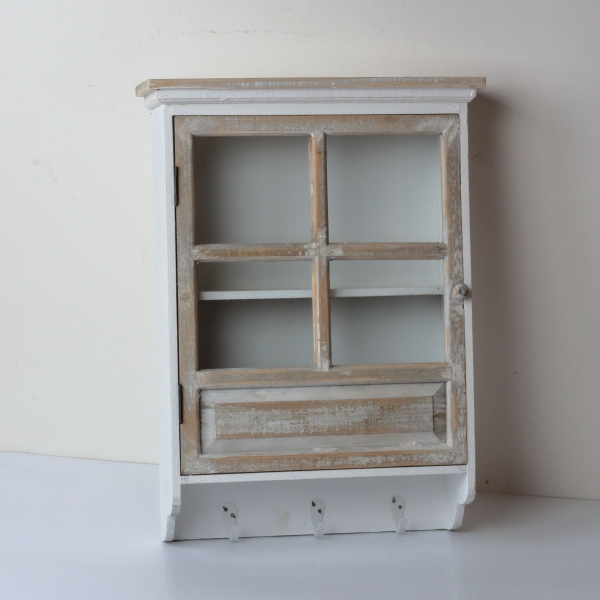 Dřevěná závěsná skříňka se sklem a 3 háčky 41x57x15cm