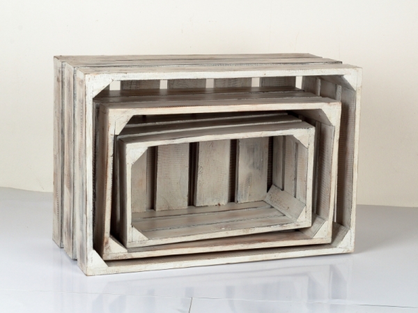 Dřevěné bedýnky bílé s patinou (set 3ks) 54x37x25cm