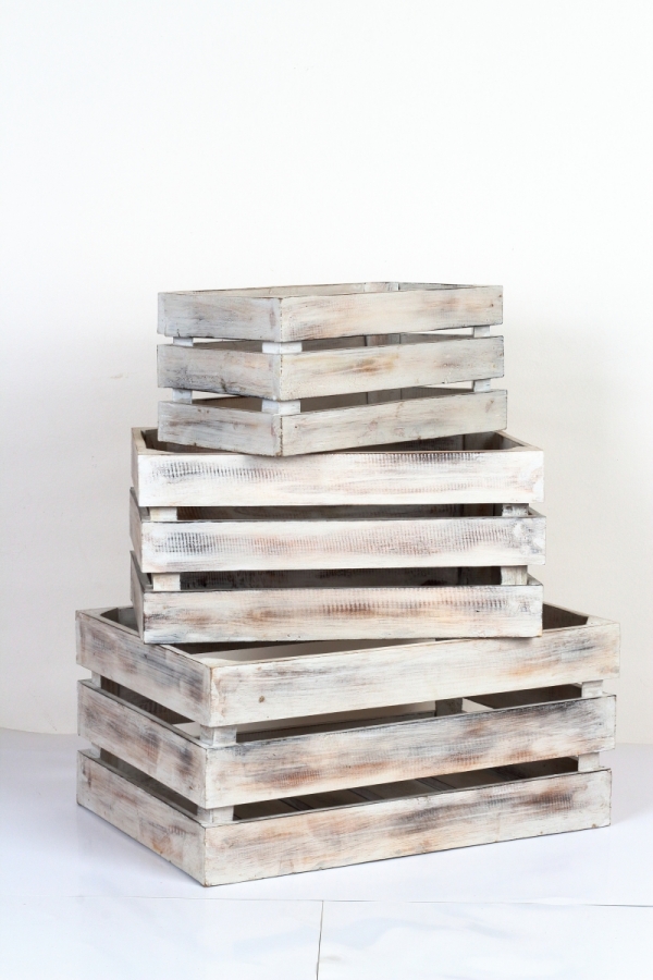 Dřevěné bedýnky bílé s patinou (set 3ks) 54x37x25cm