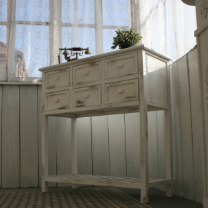 Dřevěný bílý konzolový stůl se 6 zásuvkami 100x90x40cm