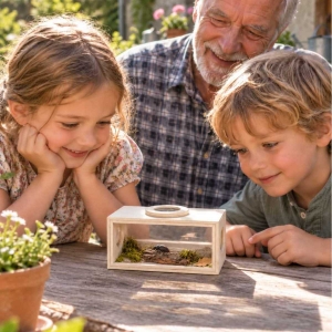 Dřevěný box na pozorování hmyzu pro děti s lupami 3× a 5× – 18 cm