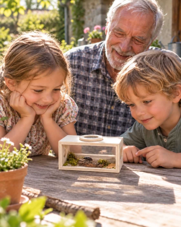 Dřevěný box na pozorování hmyzu pro děti s lupami 3× a 5× – 18 cm