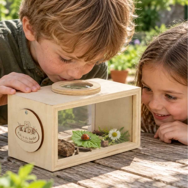 Dřevěný box na pozorování hmyzu pro děti s lupami 3× a 5× – 18 cm