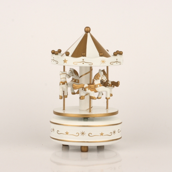 Dřevěný hrací kolotoč bílo-zlatý 19cm