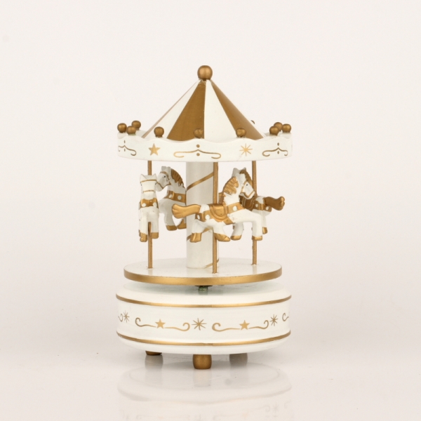 Dřevěný hrací kolotoč bílo-zlatý 19cm