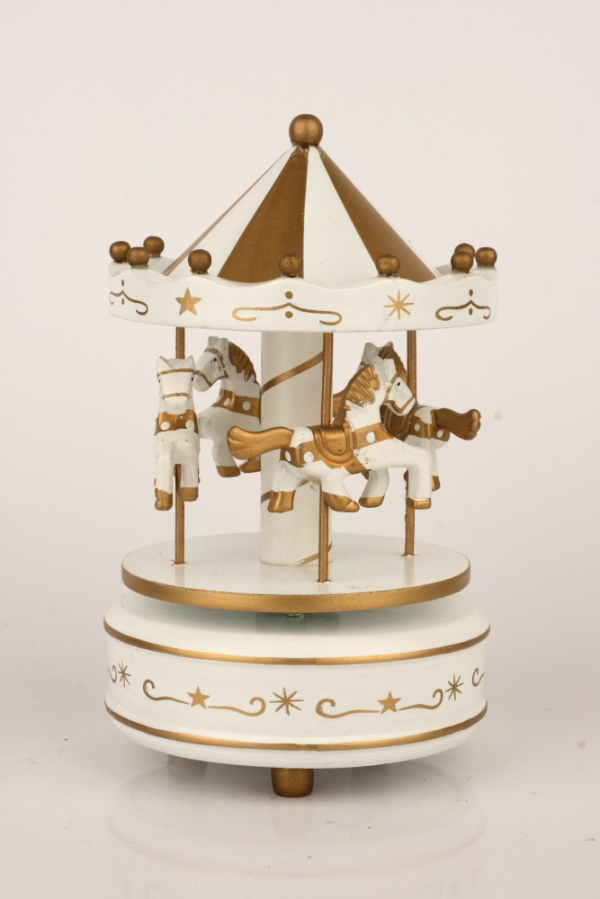 Dřevěný hrací kolotoč bílo-zlatý 19cm