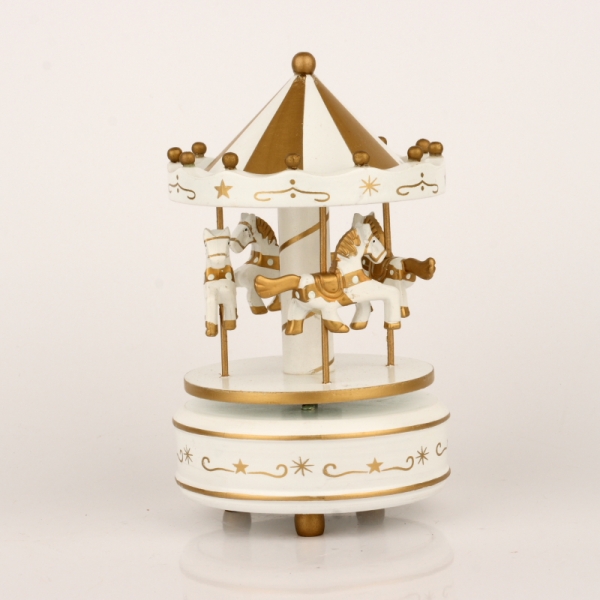 Dřevěný hrací kolotoč bílo-zlatý 19cm