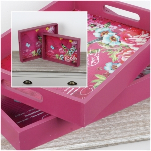 Dřevěný snídaňový podnos růžový 2ks 30x40cm/36x22,5cm