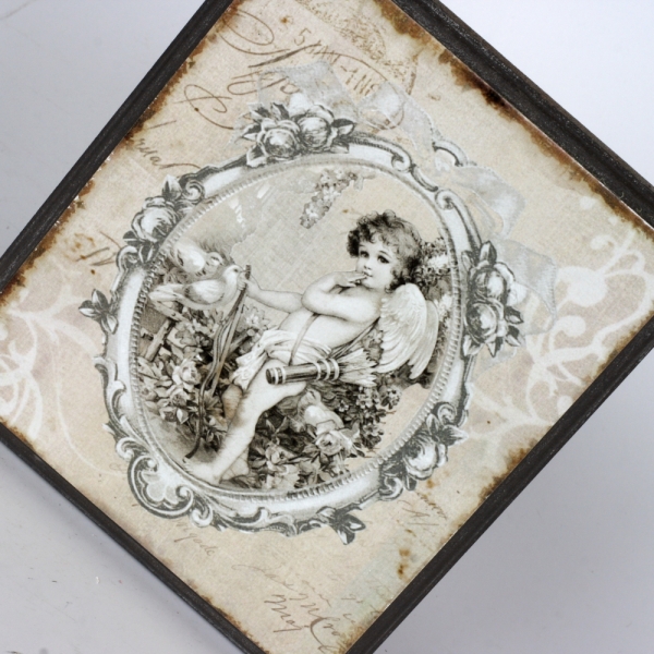 Dřevěný vintage obraz anděl 14x12cm