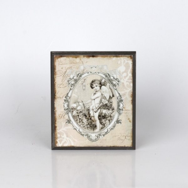 Dřevěný vintage obraz anděl 14x12cm