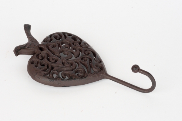 Háček srdce s ptáčkem litina 15x8cm