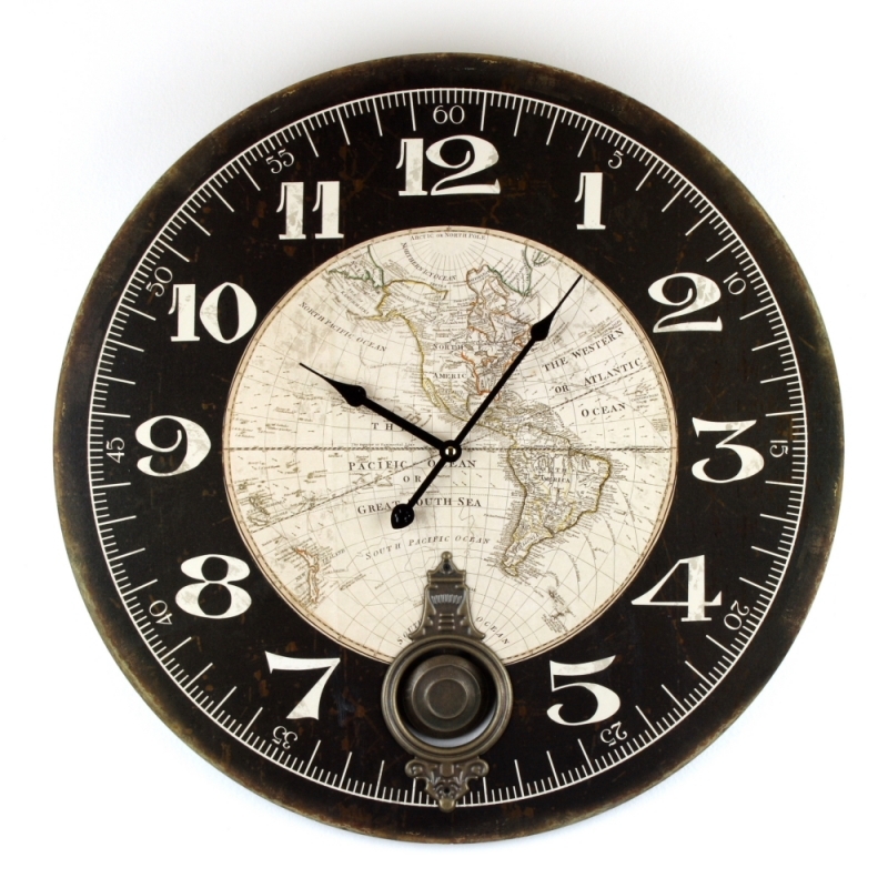 Hodiny nástěnné s mapou a kyvadlem 58cm