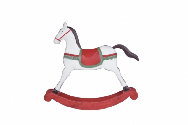 Houpací kůň bílý s červenými a zelenými detaily větší 27 x 5 x 25 cm dřevěný