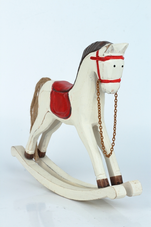 Houpací kůň bílý s červenými detaily 25x21 cm dřevěný