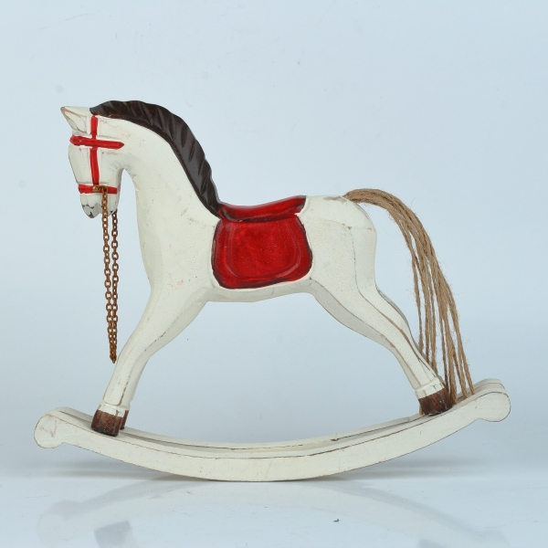 Houpací kůň bílý s červenými detaily 25x21 cm dřevěný