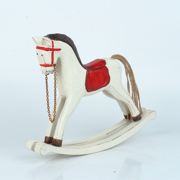 Houpací kůň bílý s červenými detaily 25x21 cm dřevěný