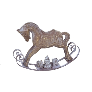 Houpací kůň hnědý se stromečkem a dárky 15,5 x 4 x 12 cm