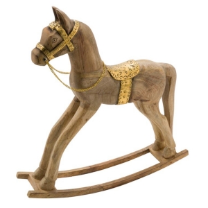 Houpací kůň hnědý se zlatými detaily 38 x 12 x 28 cm dřevěný