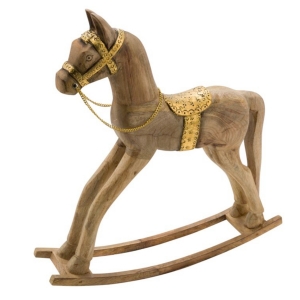 Houpací kůň hnědý se zlatými detaily 50 x 14 x 36 cm dřevěný