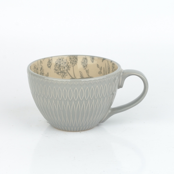 Hrnek na čaj šedý 380 ml 11 × 5,2 × 7,5 rostlinný potisk uvnitř