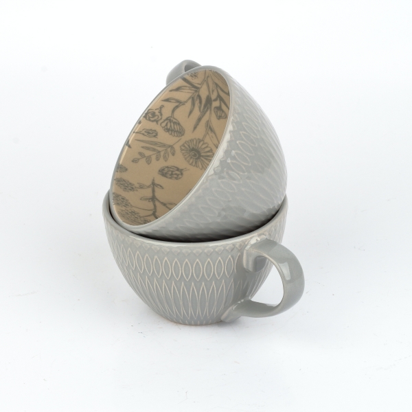 Hrnek na čaj šedý 380 ml 11 × 5,2 × 7,5 rostlinný potisk uvnitř