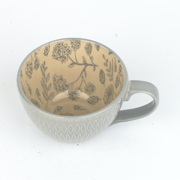 Hrnek na čaj šedý 380 ml 11 × 5,2 × 7,5 rostlinný potisk uvnitř