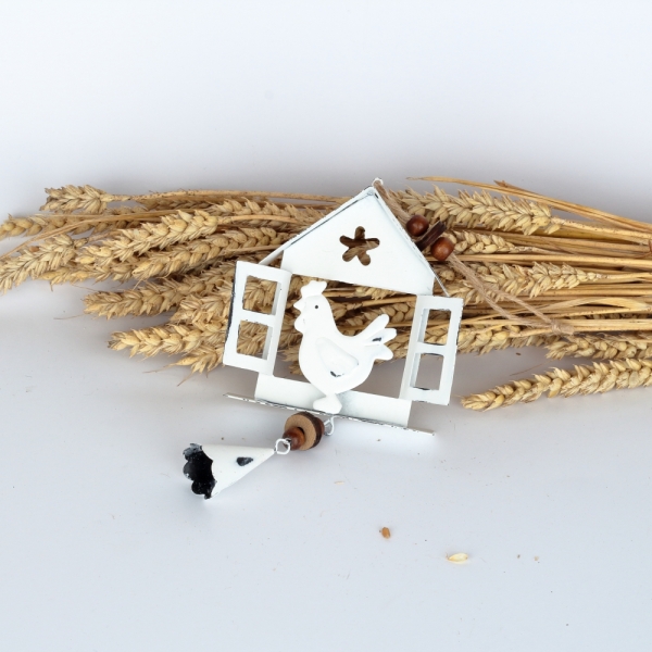 Jarní závěsná dekorace domeček s kohoutem 10x32x3cm