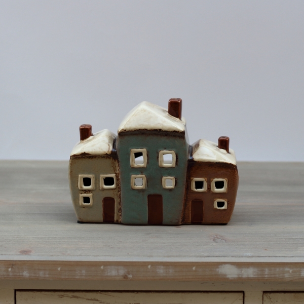 Keramický svícen tři domečky 19x8x13,5cm