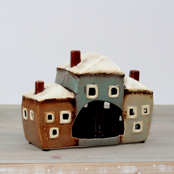 Keramický svícen tři domečky 19x8x13,5cm