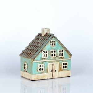 Keramický vánoční domeček 8 oken azurově modrý